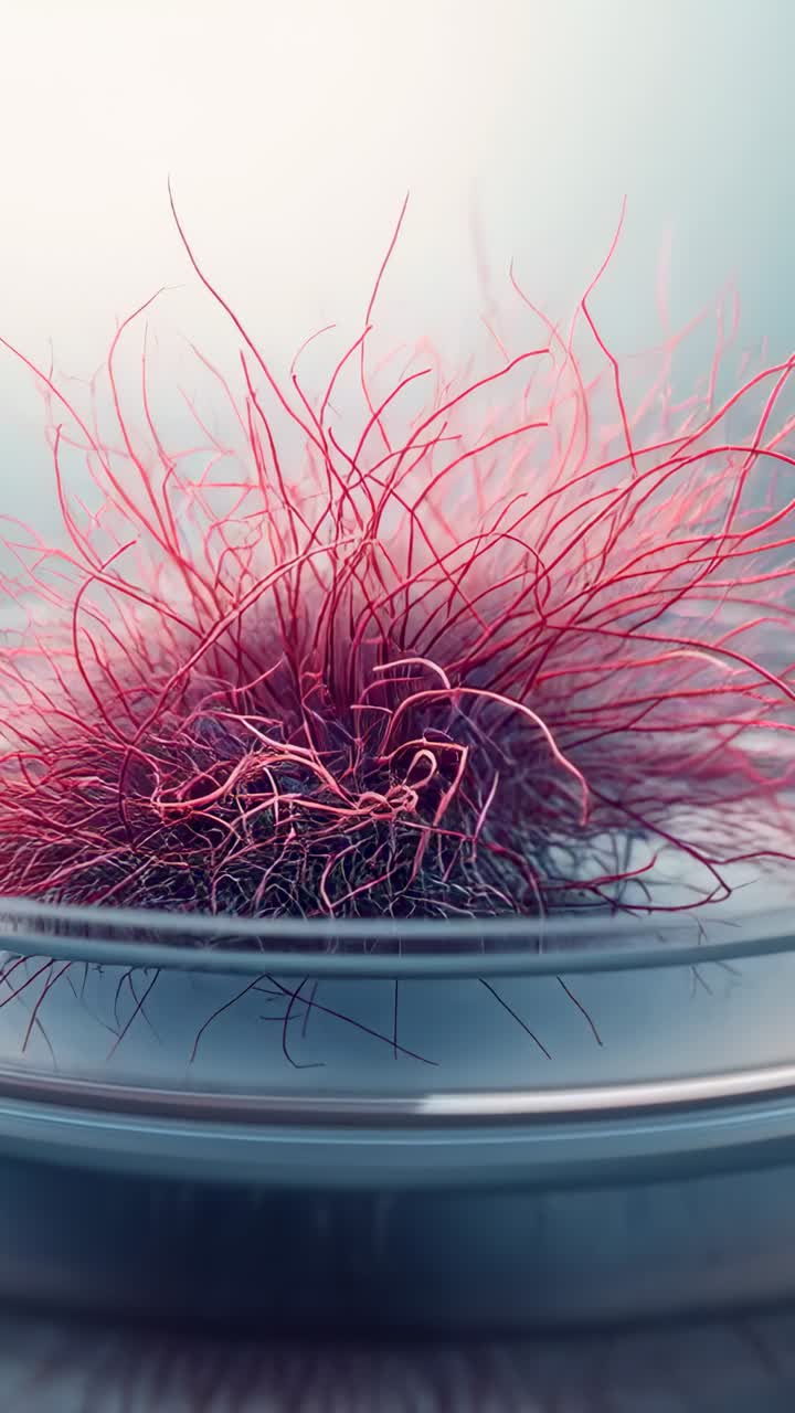 Video verticale: spostamento della messa a fuoco che causa il sollevamento e l'apertura a ventaglio di un ciuffo rosa-rosso su un piatto rotondo in studio
