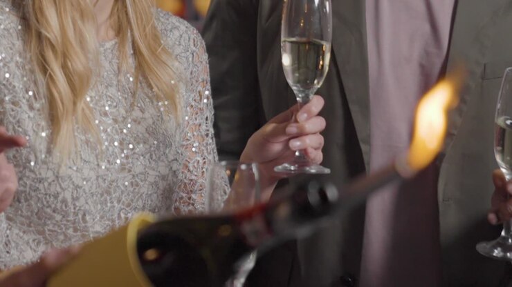 primo piano di stelle filanti e amici che festeggiano il capodanno con champagne