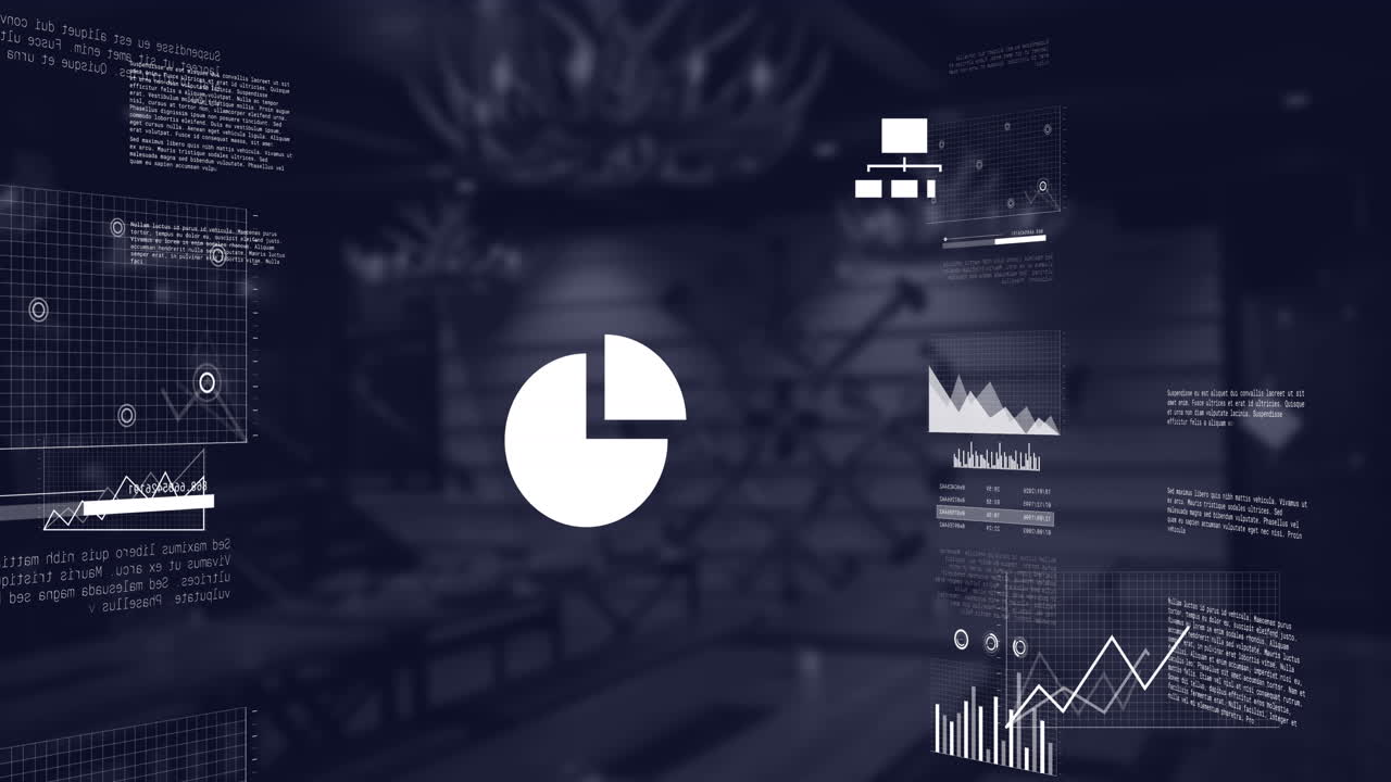 Animation of multiple graphs, laptop with cloud icon and computer language over abstract pattern