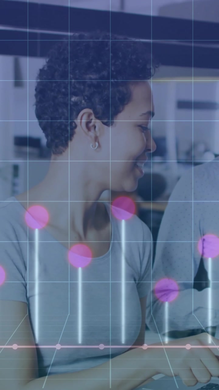 Animation of diagrams over diverse female colleagues talking in office