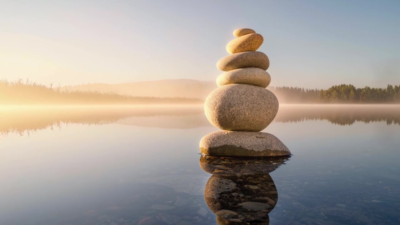 Zen-stenröse som speglas i fridfull sjö i gryningen