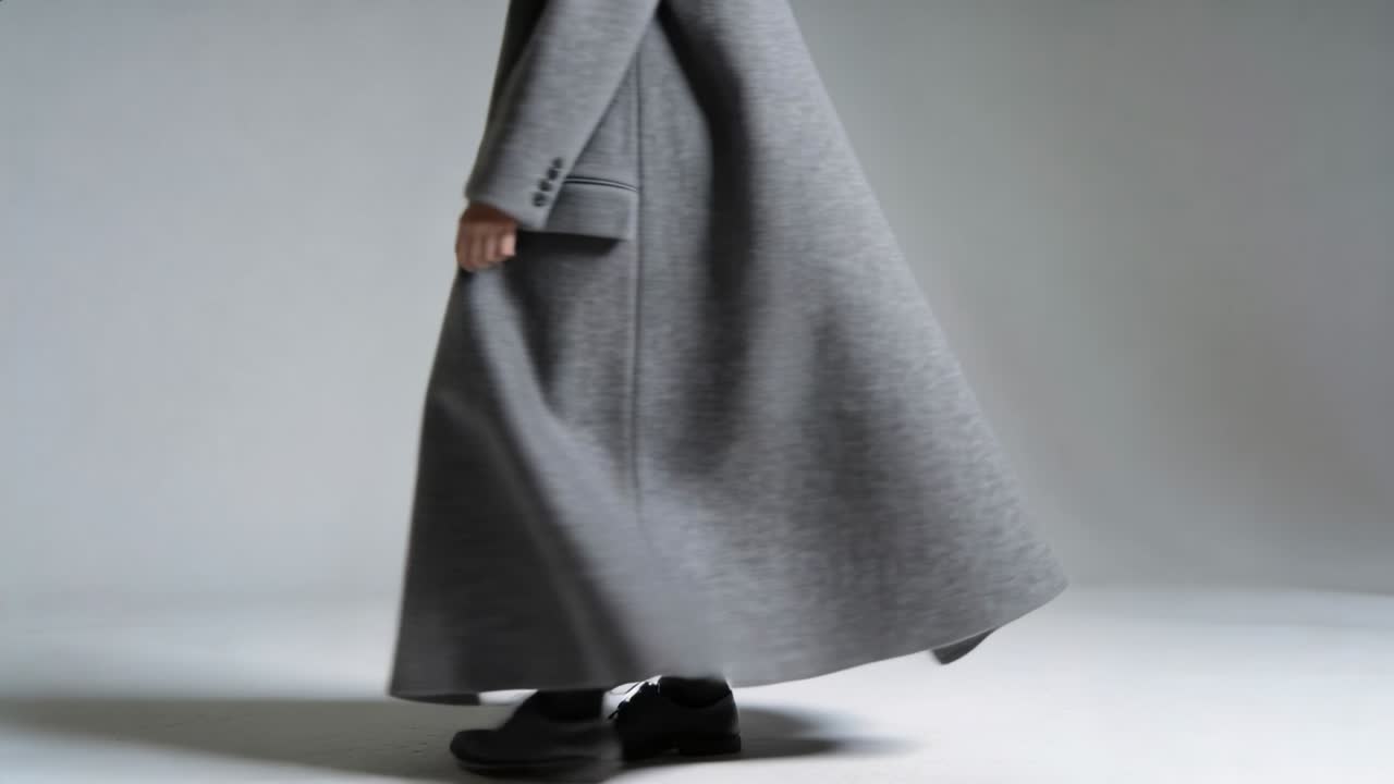 Modella che cammina con un lungo cappotto di lana grigio, ruota a destra e volteggia in studio, mostrando il movimento del cappotto