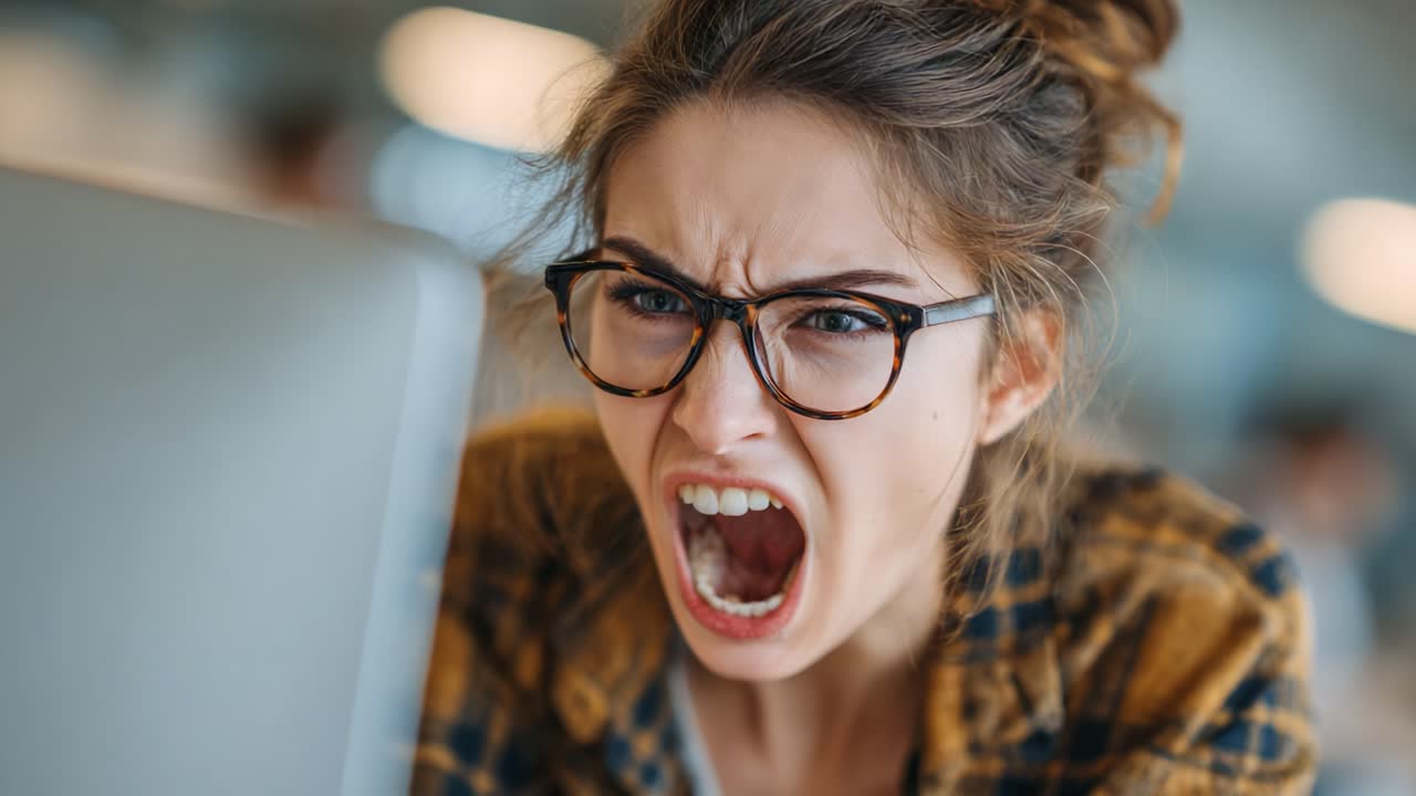 Expression of Frustration: A Young Woman's Intense Reaction While Working on a Computer, Portraying Emotion Through Her Anger and Exasperation in a Busy Environment