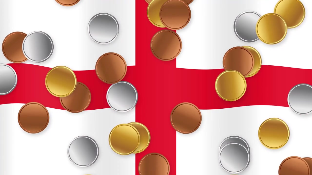 Monete animate d'oro, d'argento e di bronzo cadono continuamente su una bandiera nazionale inglese sventolante
