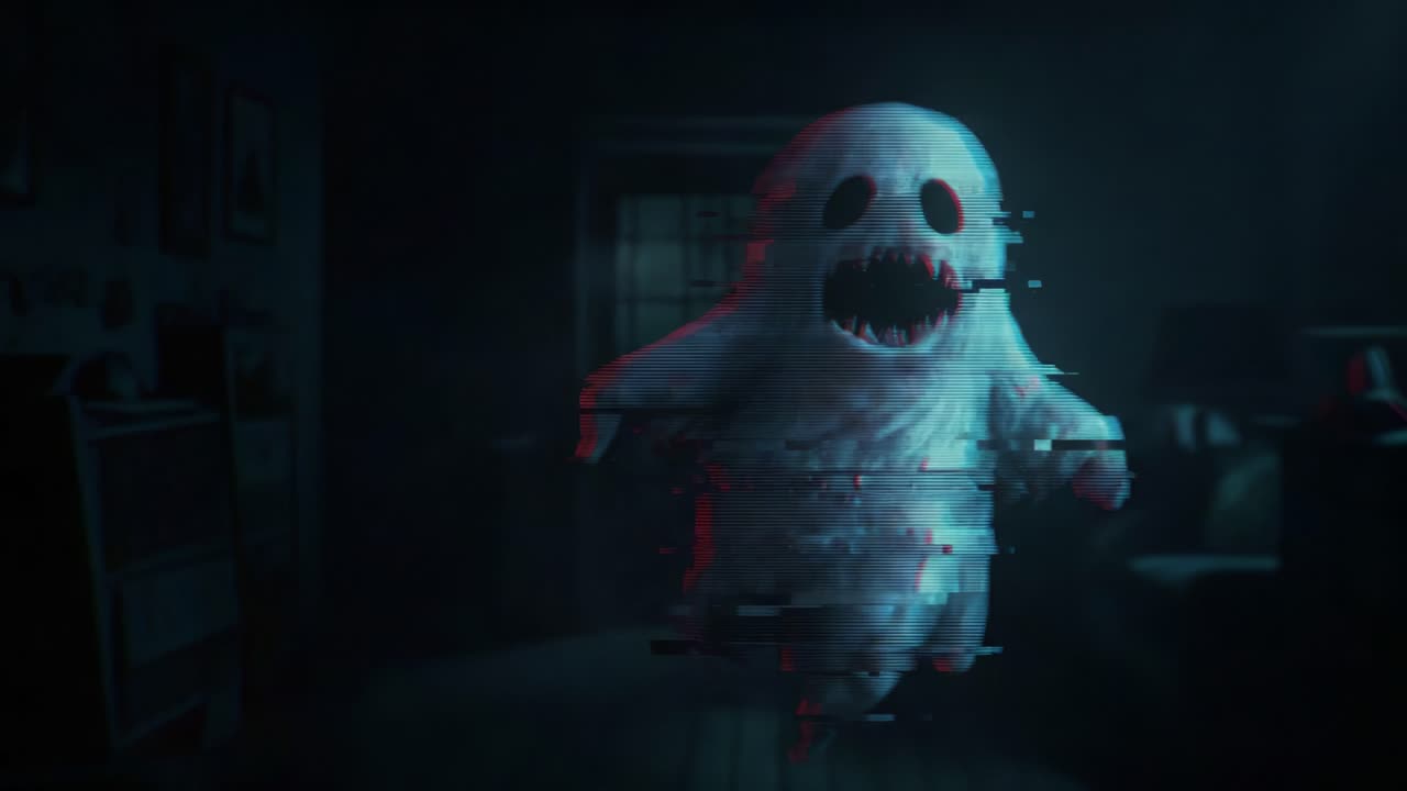 An eerie ghost with a distorted form and menacing grin floats menacingly in a dimly lit room, captivating viewers with its haunting presence and chilling atmosphere