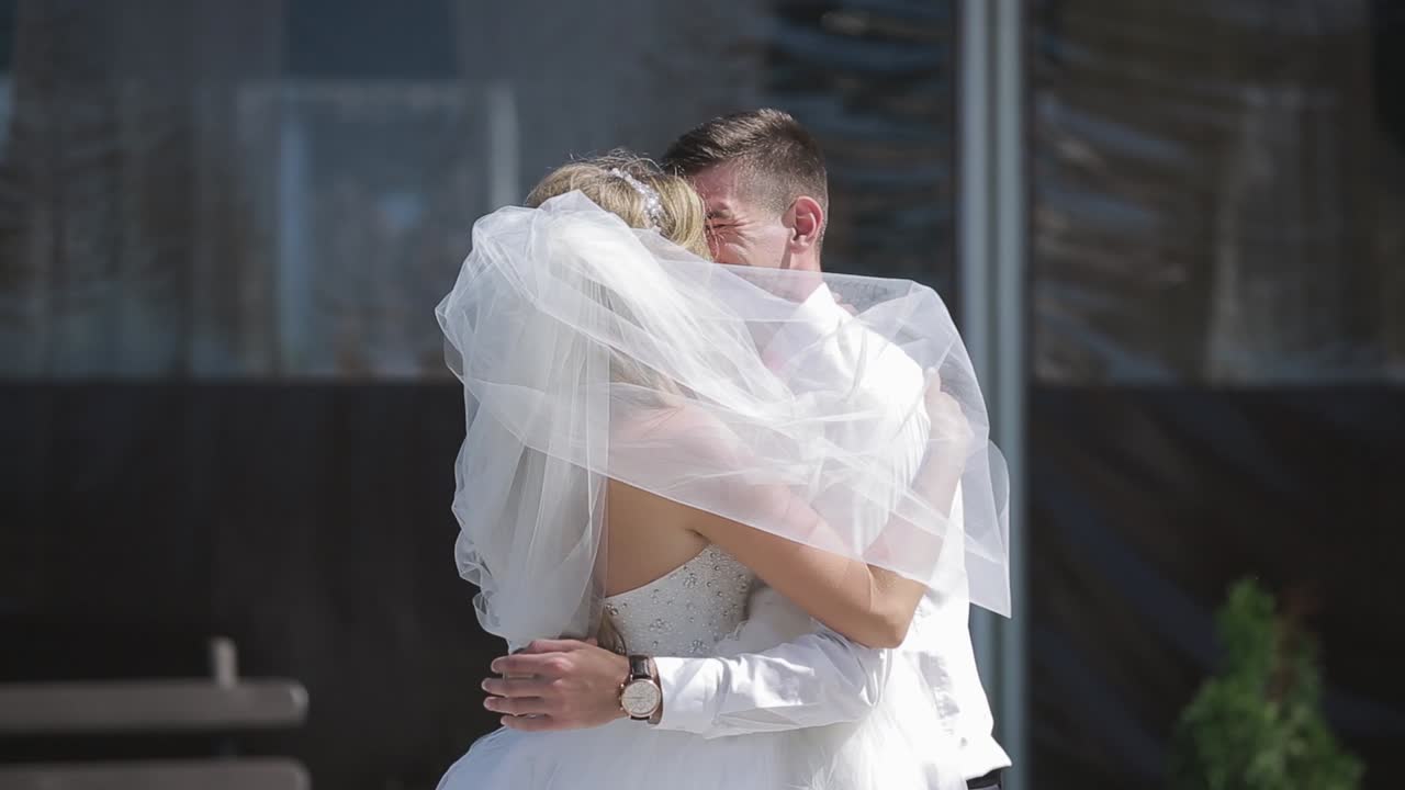 Happy Couple Day Wedding. Young wedding couple outdoor. Groom and bride together