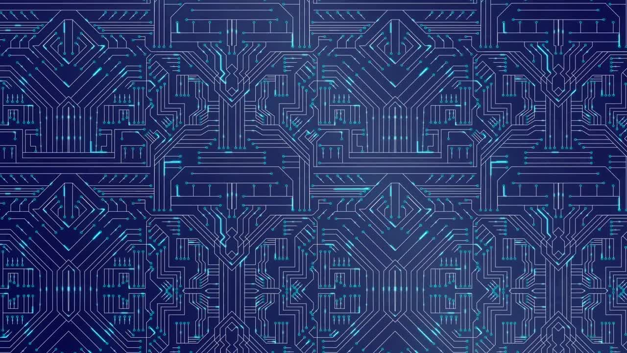 노란색 회로 세부 사항과 반 ⁇ 이는 파란색 회로 보드