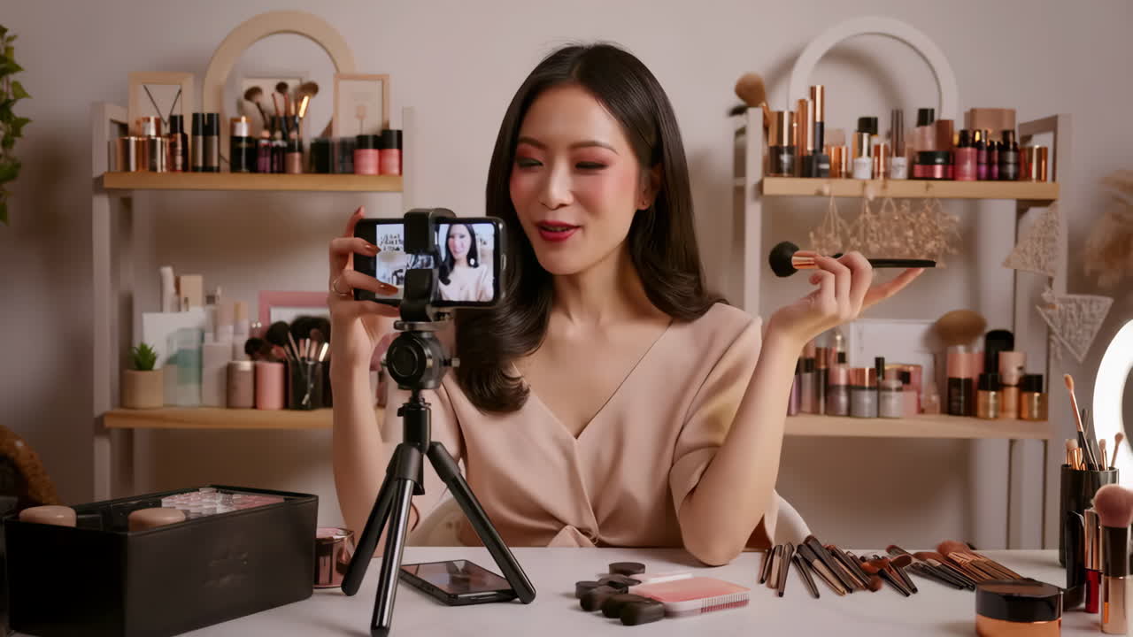Young Asian woman recording a makeup tutorial for her online beauty channel