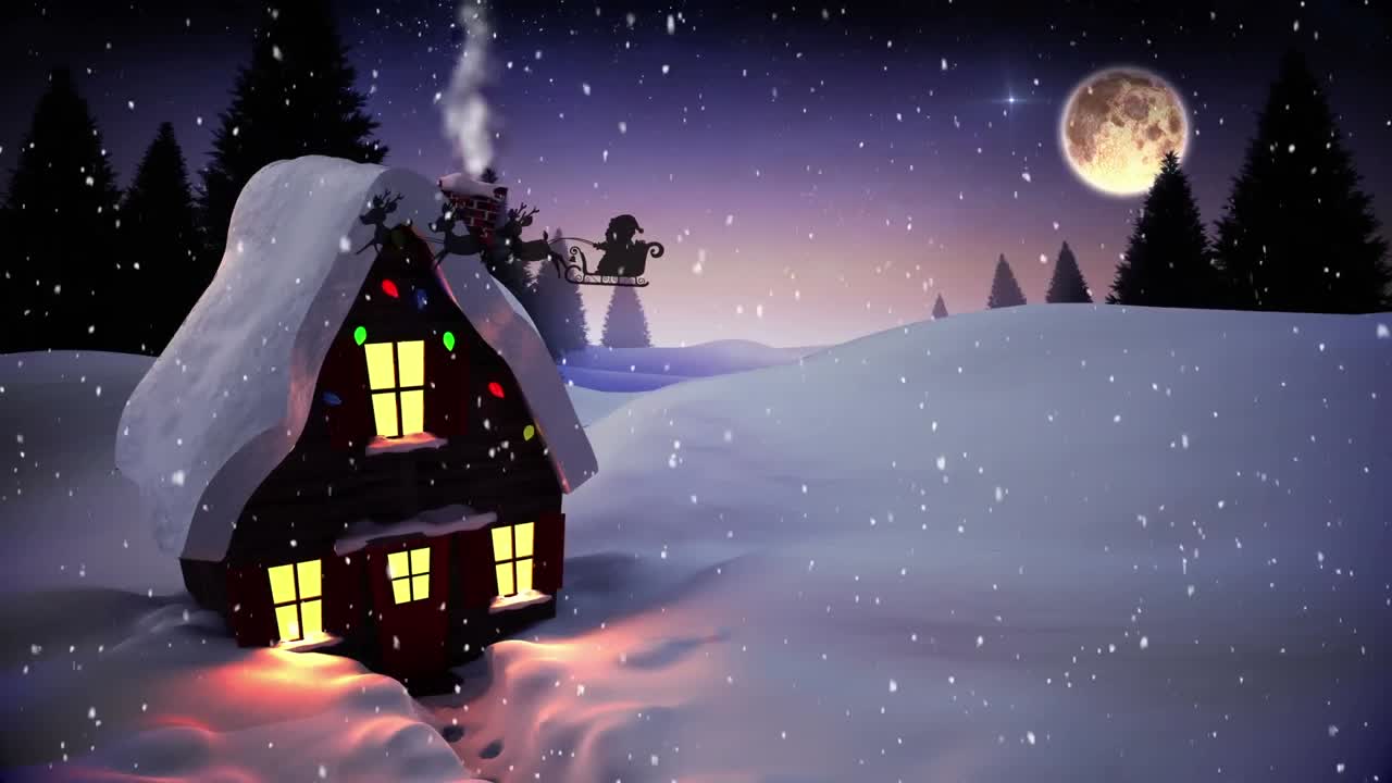 nieve cayendo sobre la casa en el paisaje de invierno contra santa claus en trineo siendo tirado por renos