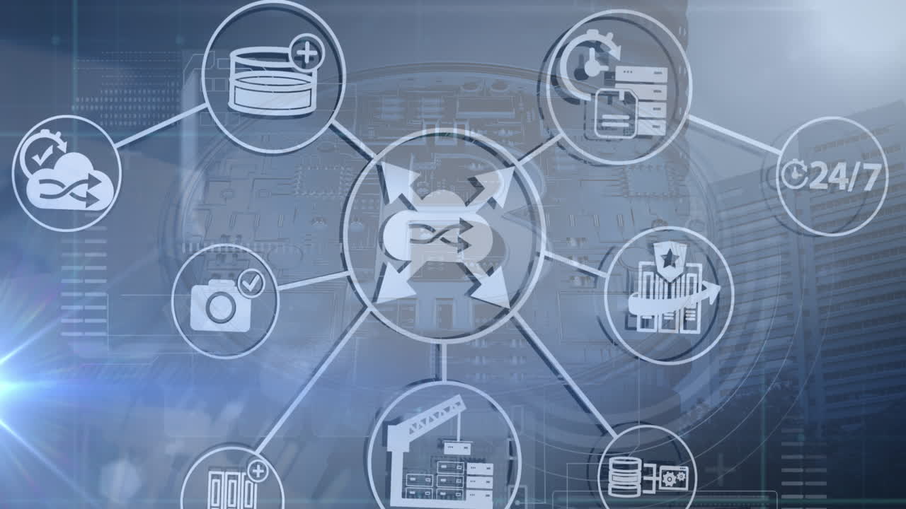 animación de la red con iconos y procesamiento de datos con símbolo de bitcoin sobre el paisaje urbano