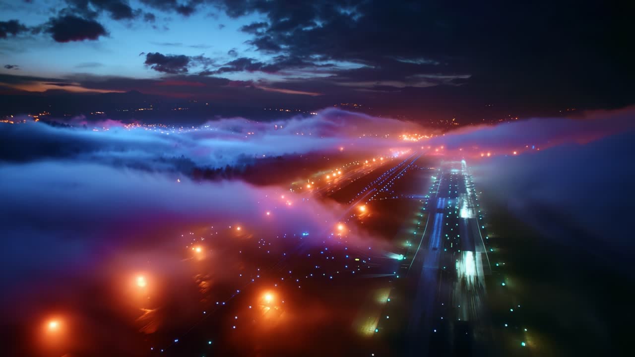 A mesmerizing twilight scene captures a sprawling landscape enveloped in fog, with vibrant city lights illuminating the road and creating a dreamlike atmosphere, embodying the beauty of nature meeting urban life