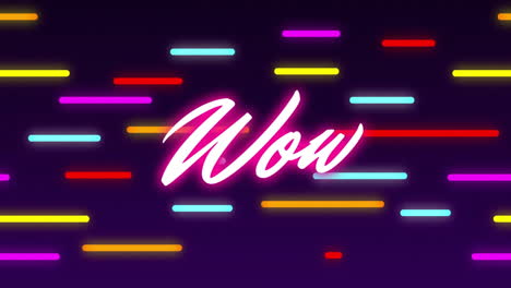 animation of wow text in glowing pink over colourful neon lines moving on dark background