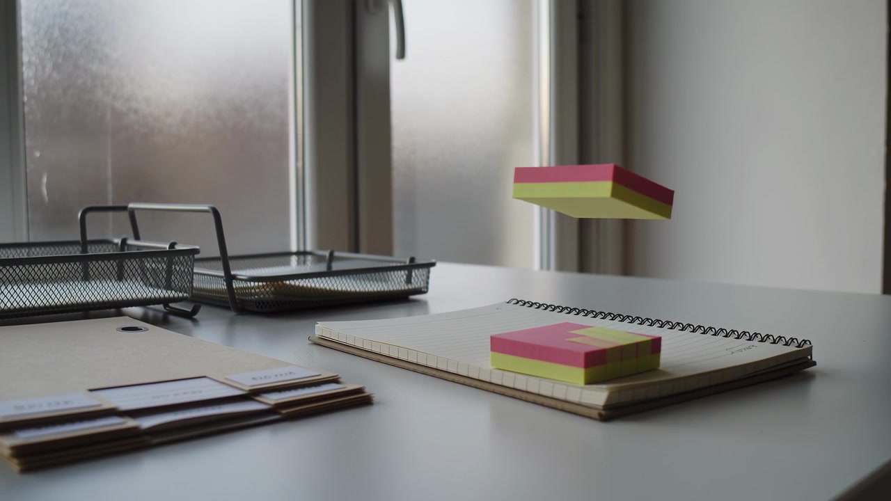 Rising sticky-note pad separating from stack on spiral notebook by frosted window, copy space