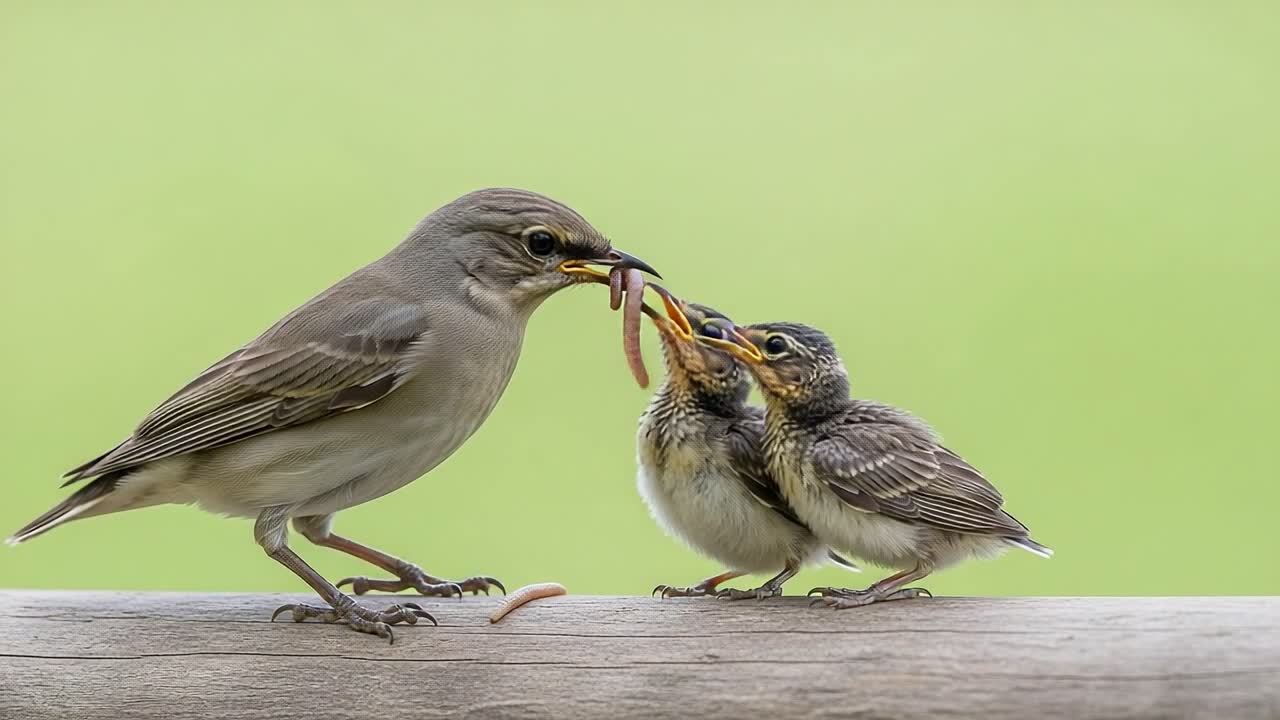A nurturing bird feeds its two hungry chicks with worms, showcasing the beauty of parental care in nature, highlighting their bond and the cycle of life