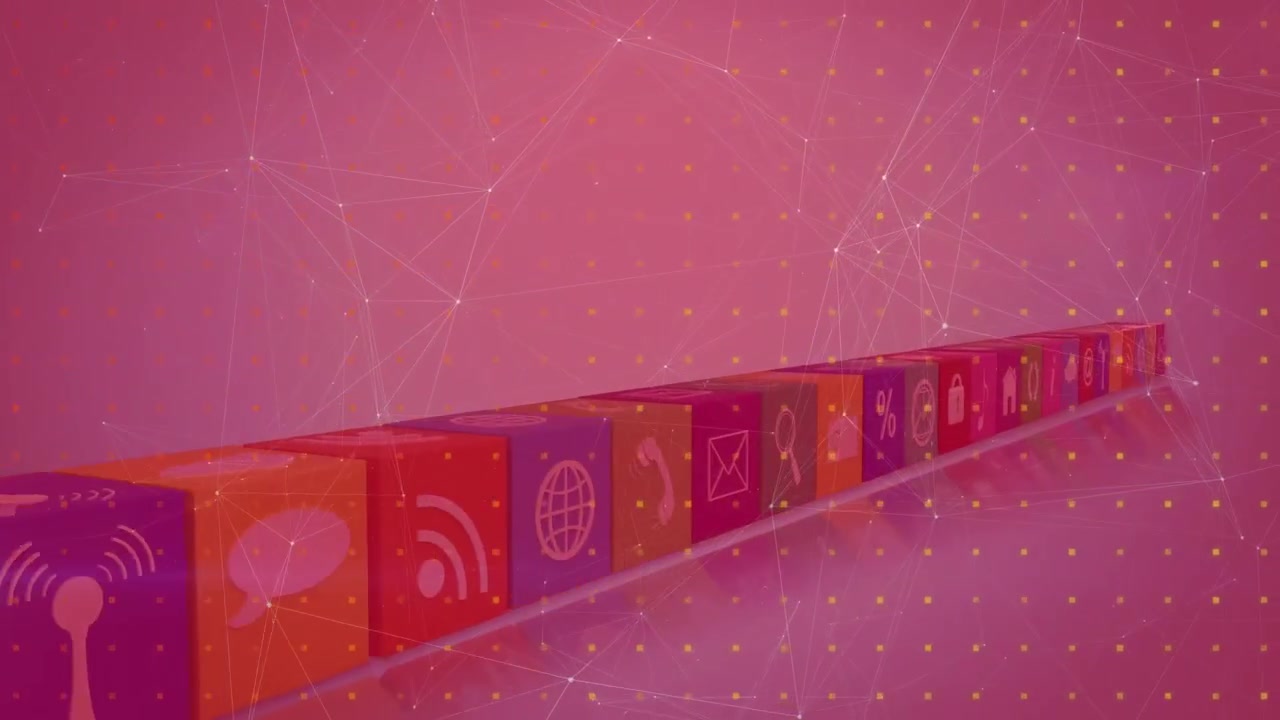 Digital Cubes with Social Media and Technology Icons Floating in Network Space