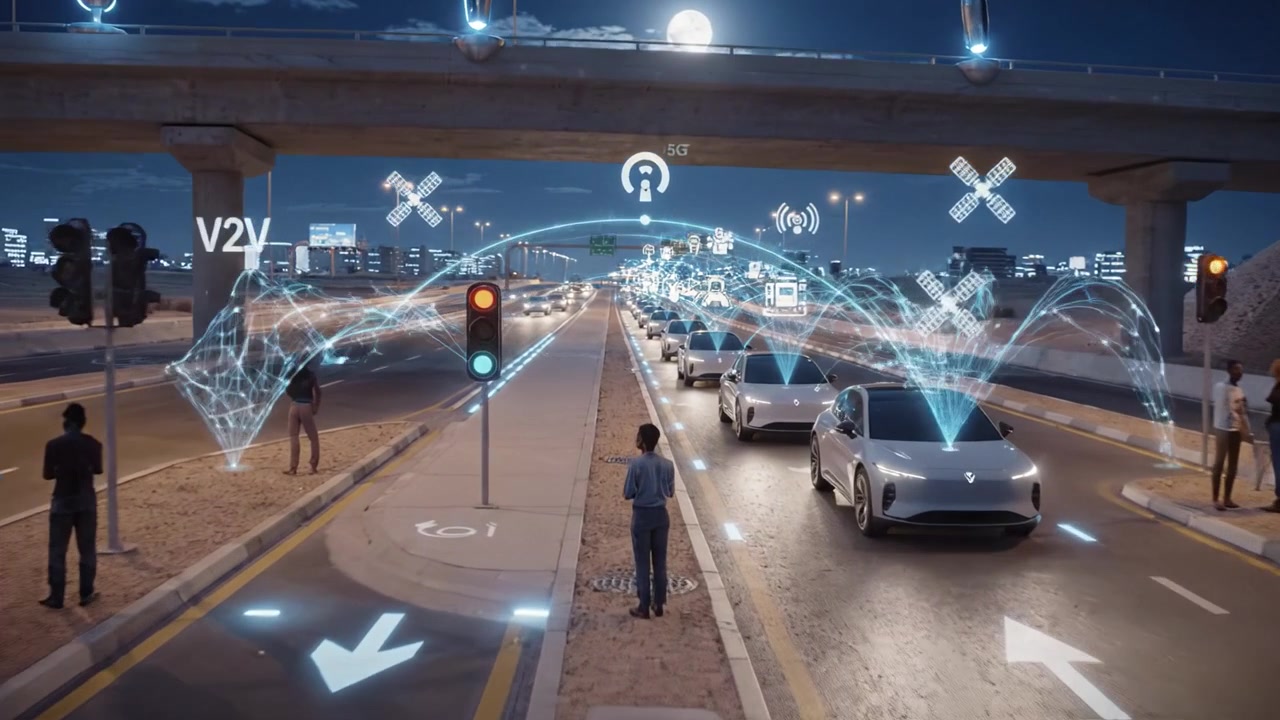 Scena urbana futuristica di notte con veicoli autonomi connessi, semafori intelligenti e tecnologie di comunicazione avanzate sotto una luna piena.