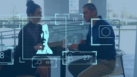 animation of user photo and social media reactions over diverse woman and man in office