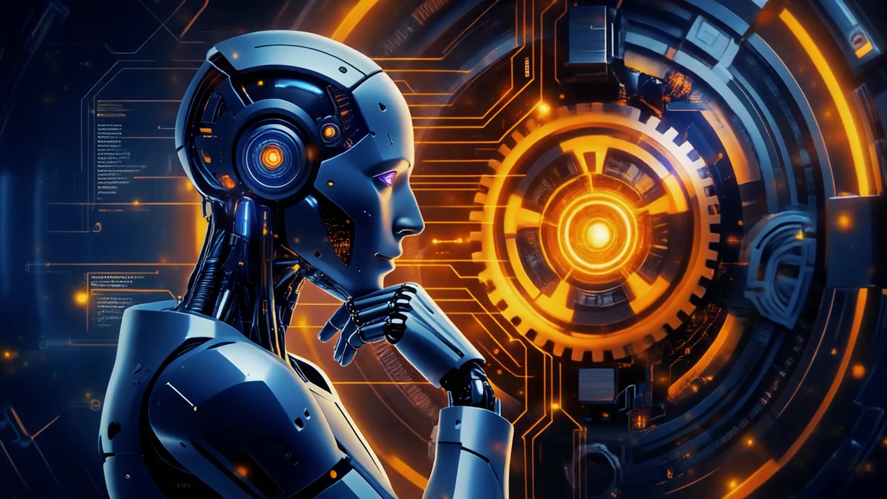 Futuristic Android Robot Thinking in Front of Glowing Digital Interface