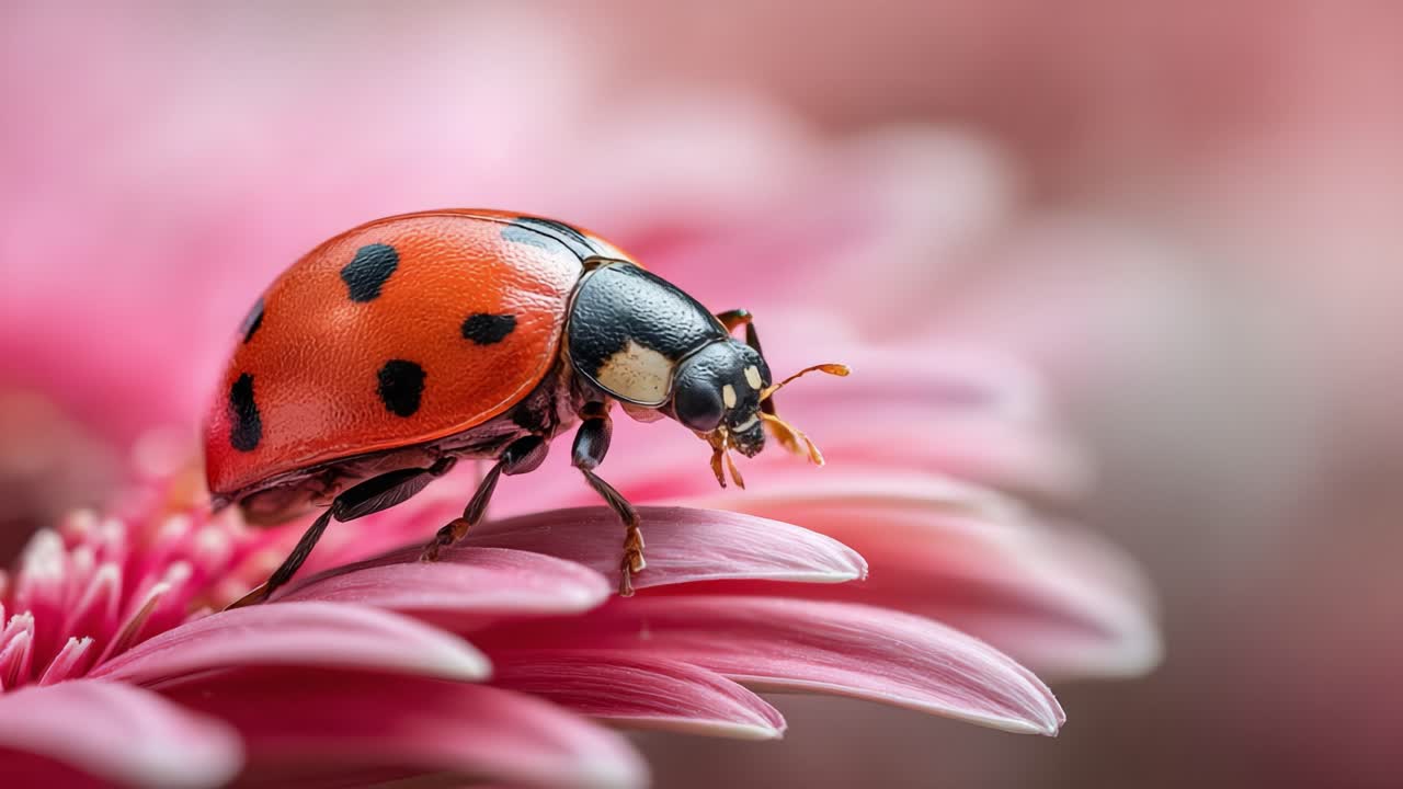 A Close-Up of a Vibrantly Colored Ladybug Crawling on a Delicate Pink Flower Petal, Showcasing Nature's Beauty and Insect Life in Stunning Detail
