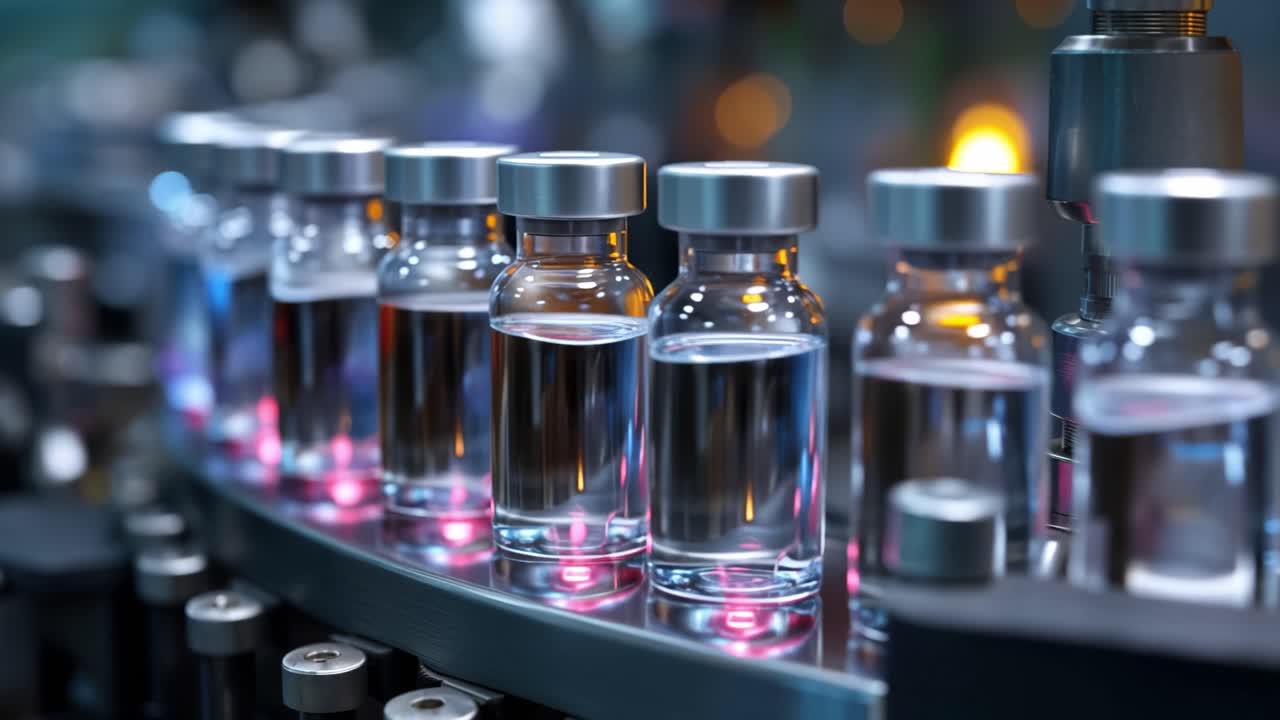 Automated Production Line for Glass Vials Filled with Liquid Solutions in a Modern Pharmaceutical Manufacturing Facility Illuminated by Soft LED Lighting