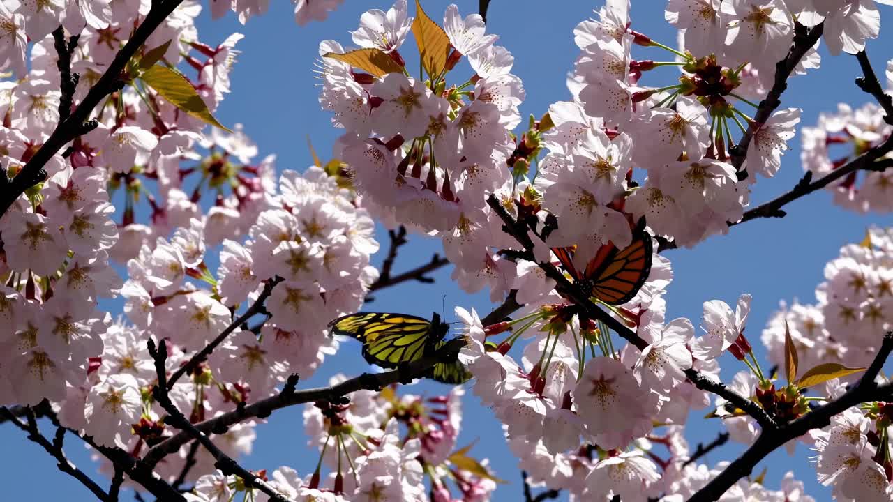Close-up video of cherry blossoms against a clear blue sky, capturing a butterfly in mid-flight