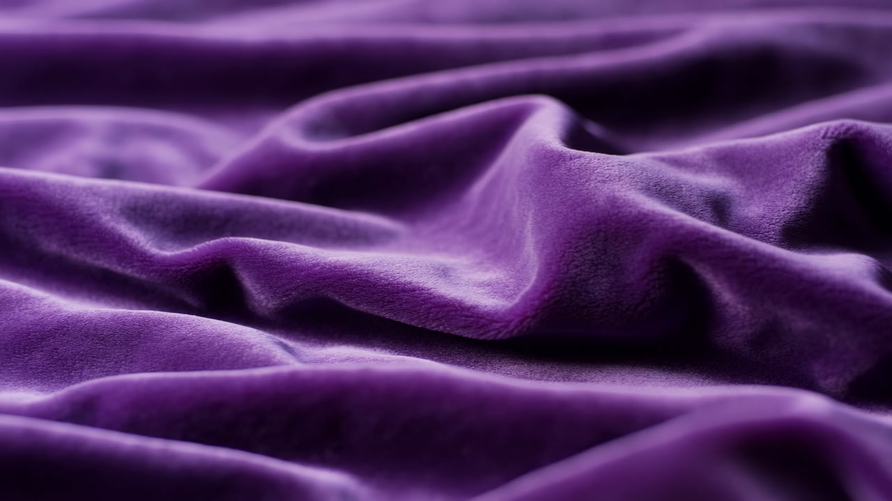 Deep Purple Velvet Close Up Texture, Moody Plush Folds Absorb Light Creating Rich Shadows, Cinematic Drape