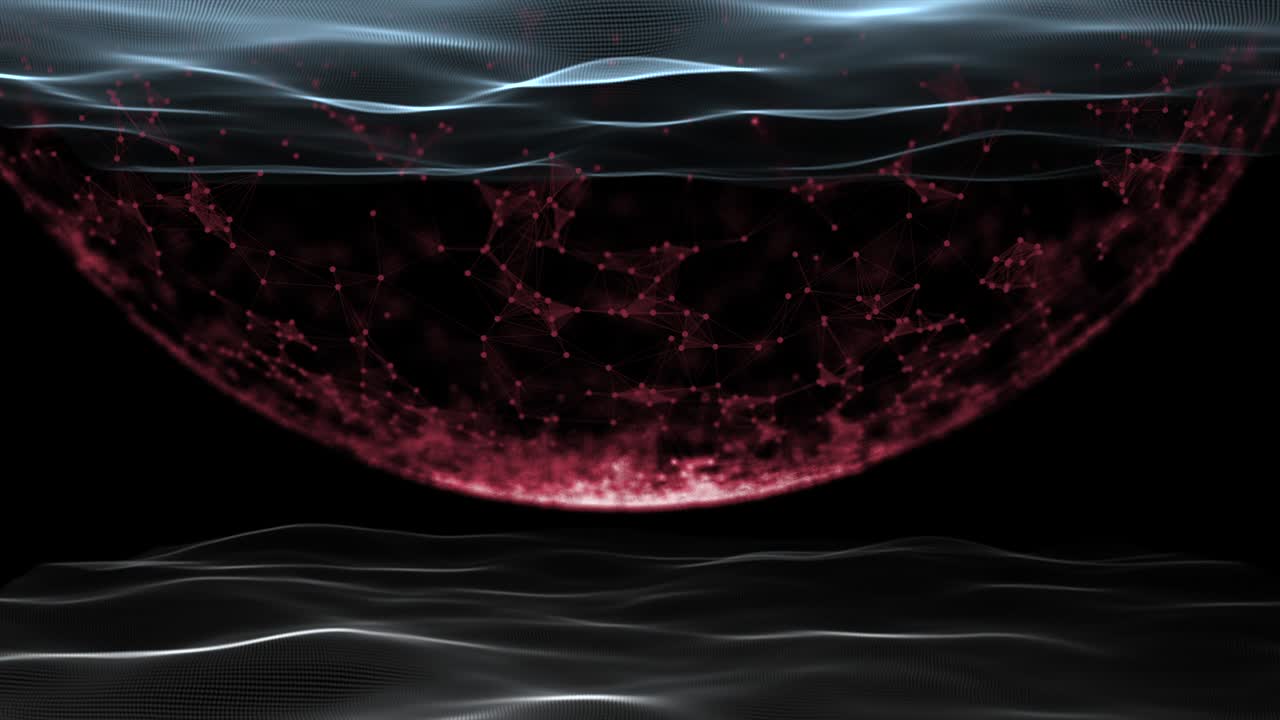 Red energy 3D rendering cropped sphere in pulsing waves environment.