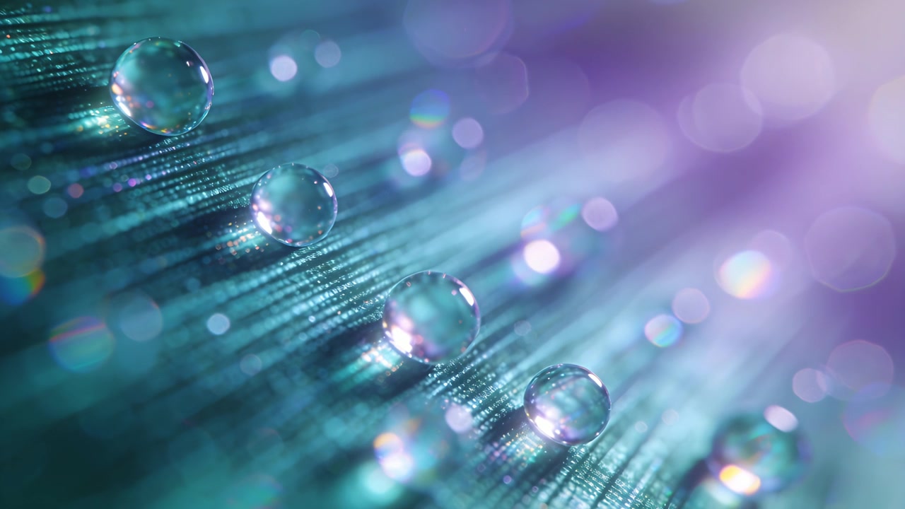 Shifting camera focus moving highlights across diagonal drops on teal fibers revealing purple bokeh