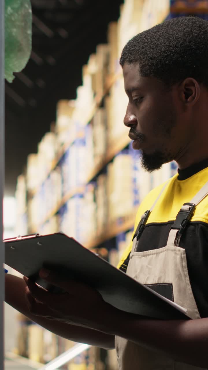 Vertical Video Staff member applying adhesive shipping labels on boxes in industrial depot