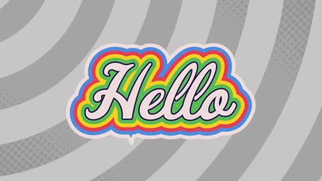 animación digital del texto de saludo con efecto de sombra de arco iris contra un fondo radial gris