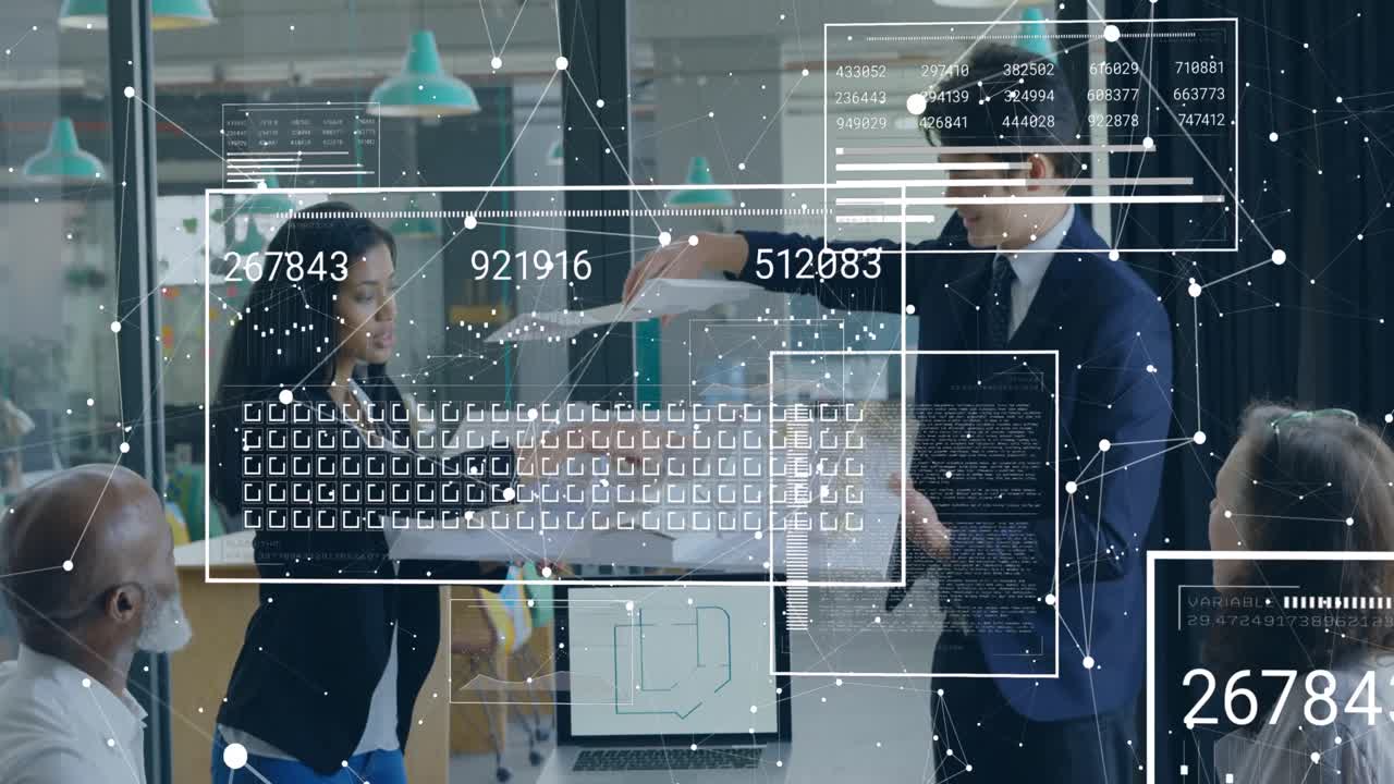 Animation of screens with data processing over diverse business people in office