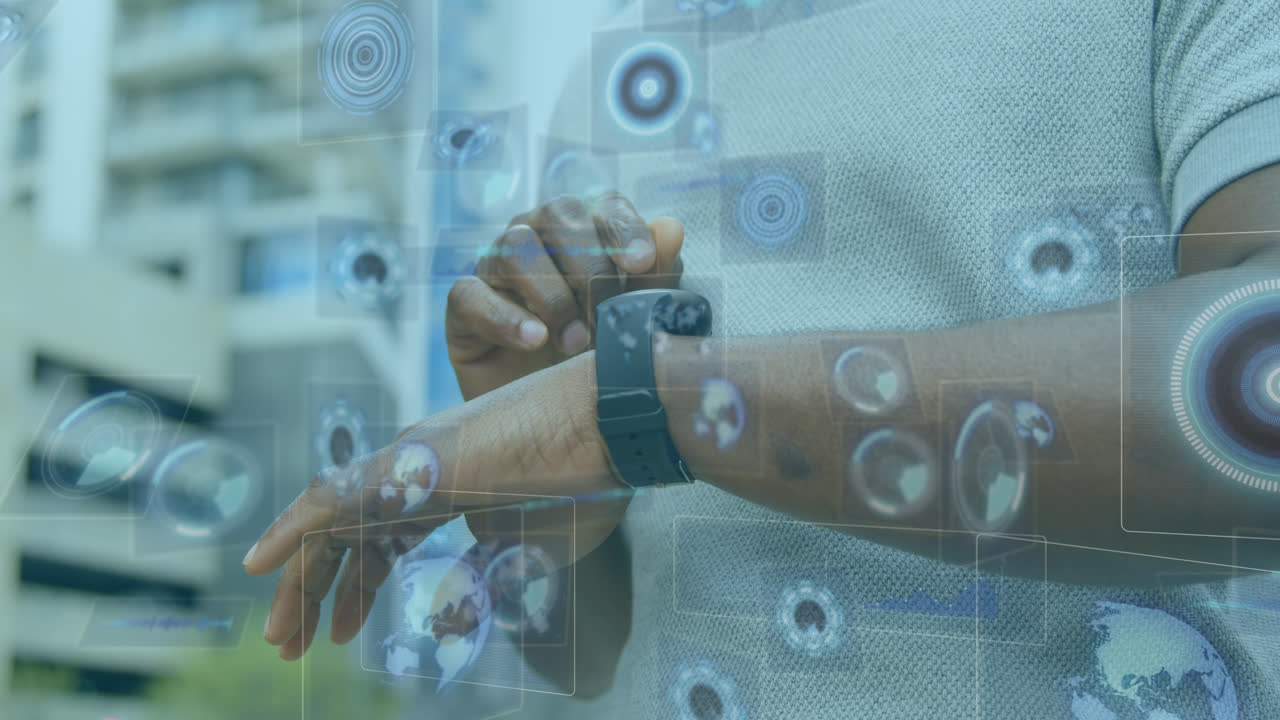 animación de escaneo de alcance sobre hombre afroamericano usando reloj inteligente