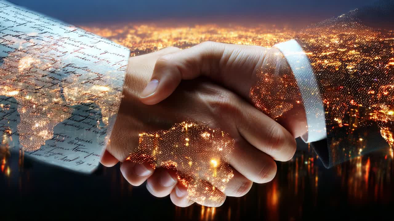 Symbolizing Cooperation and Unity, Two Hands Engaged in a Firm Handshake Overlooking a Night Cityscape, Highlighting Partnership and Connection Across Diverse Cultures and Ideas