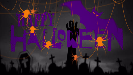 animationn of happy halloween, spiders and cemetery on purple background