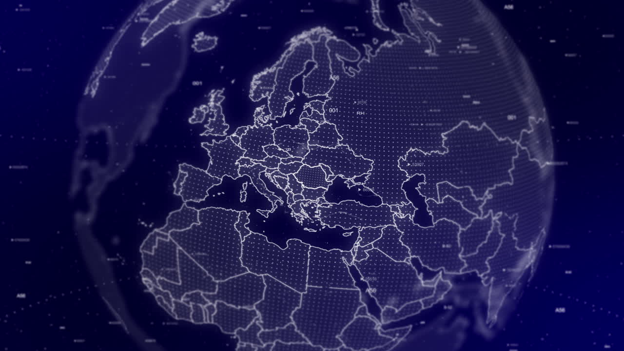 кинематографический видео фон демонстрирует цифровой глобус, вращающийся, приближающийся к стране румынии