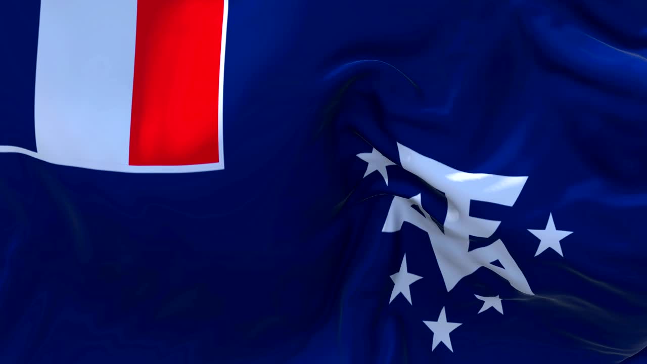 프랑스 남부 및 남극 땅의 발이 바람 속 느린 동작 애니메이션에서 흔들리는 4k 현실적인 직물 질감 발은 바람이 불어오는 날에 부드럽게 날아갑니다.