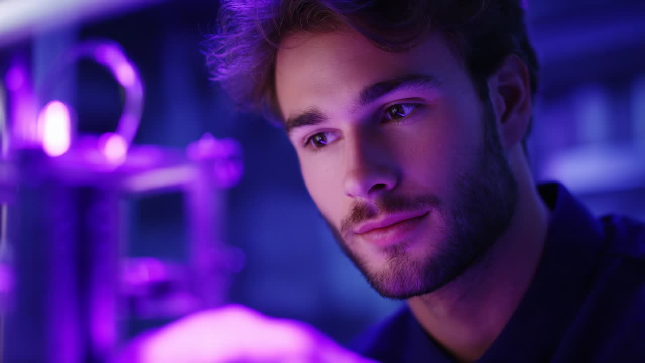 In a captivating moment, a young man focuses intently on a scientific experiment, illuminated by soft purple lighting, showcasing curiosity and determination in a high-tech laboratory environment