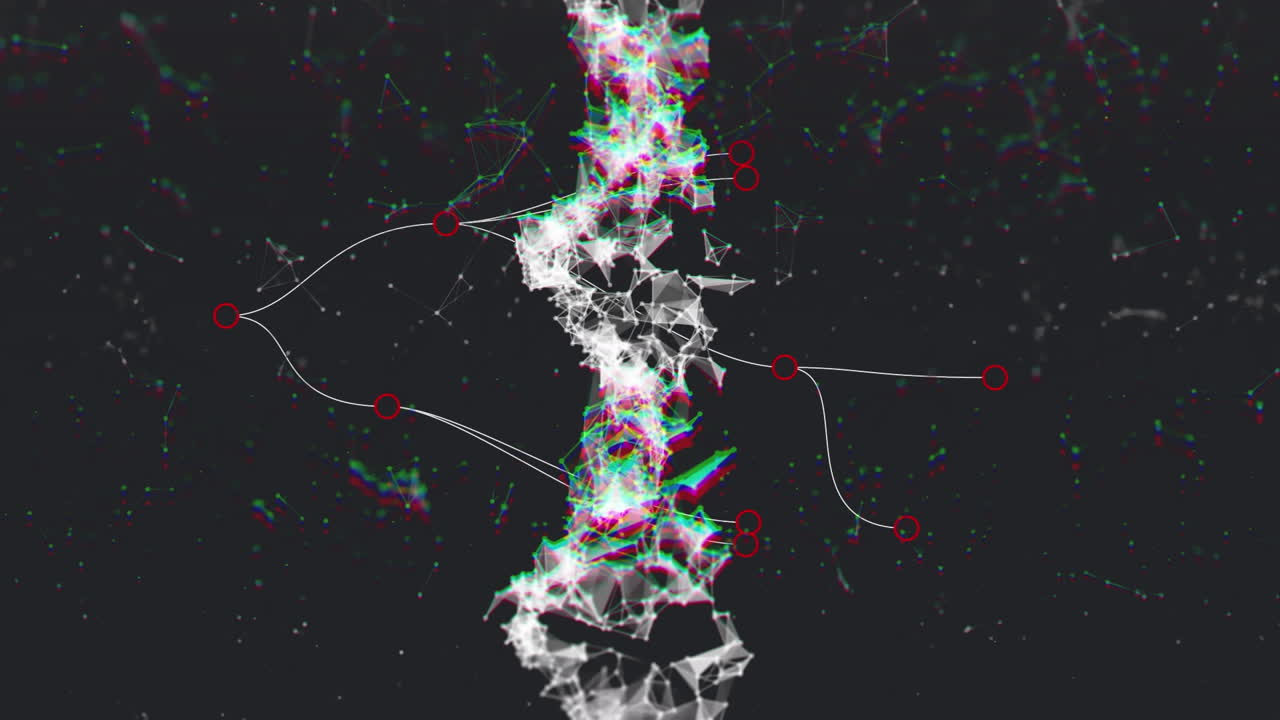 검은 바탕에 있는 dna 가닥 위의 연결 네트워크의 애니메이션