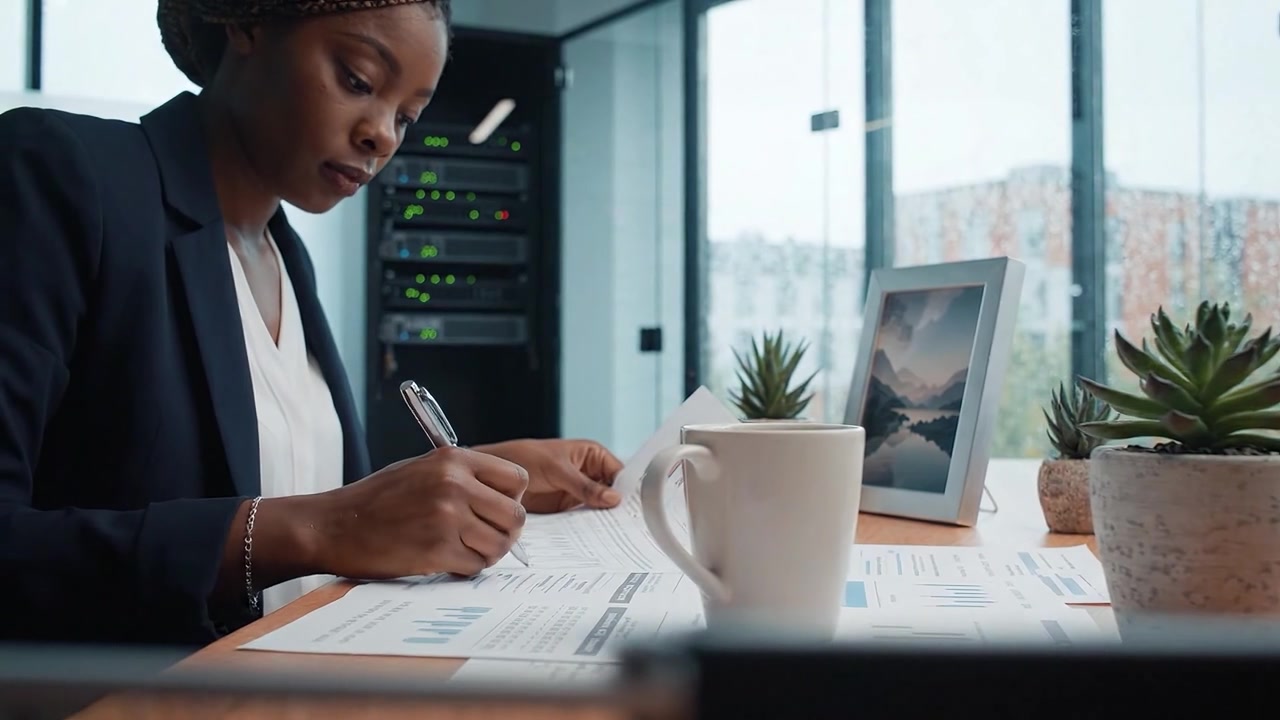 A Professional Woman Engaged in Analysis and Reporting with Coffee, Plants, and Digital Tools in a Modern Office Setting During a Rainy Day.