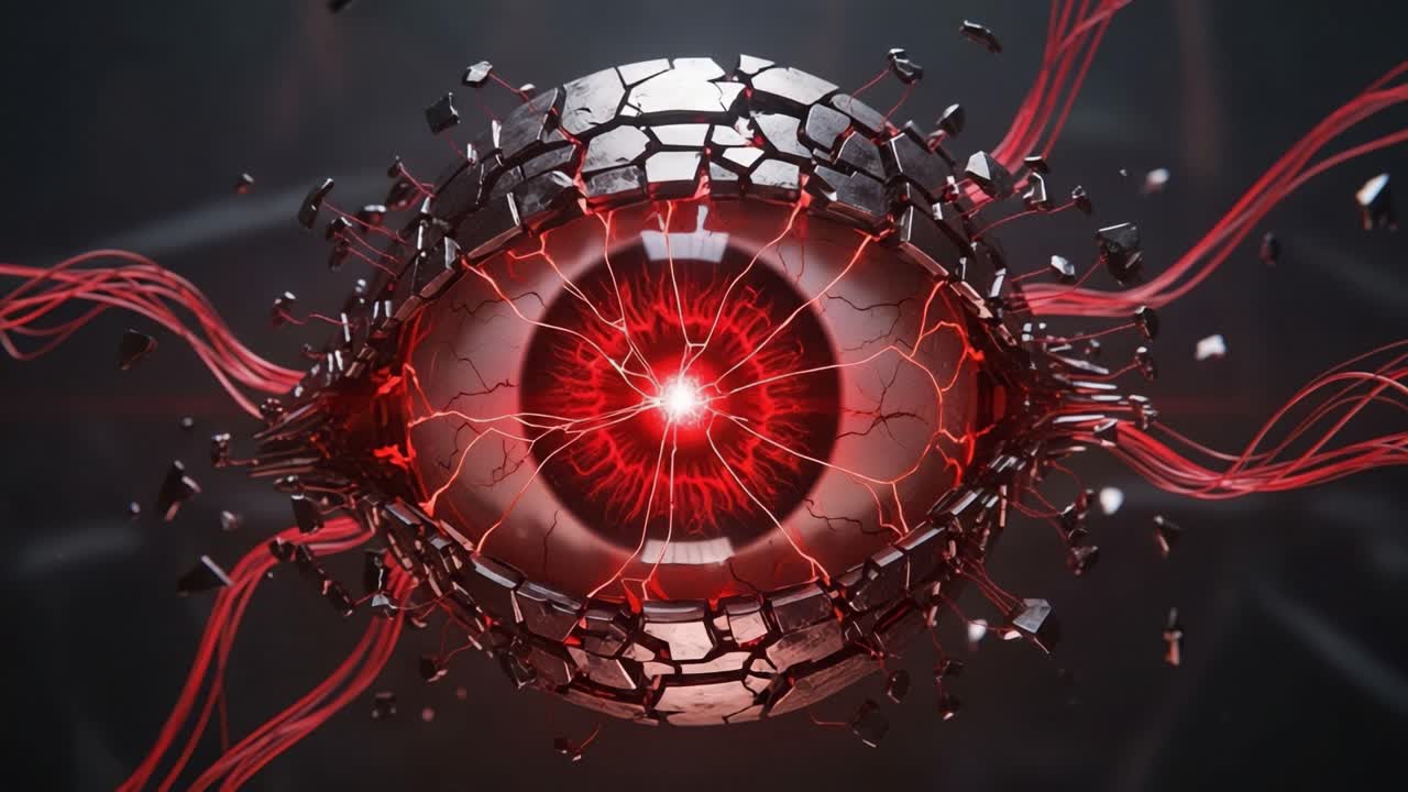 A Stunning Visual of a Cracked Eye with Pulsing Red Energy That Captivates the Viewer with Its Intricate Design and Dark Futuristic Theme