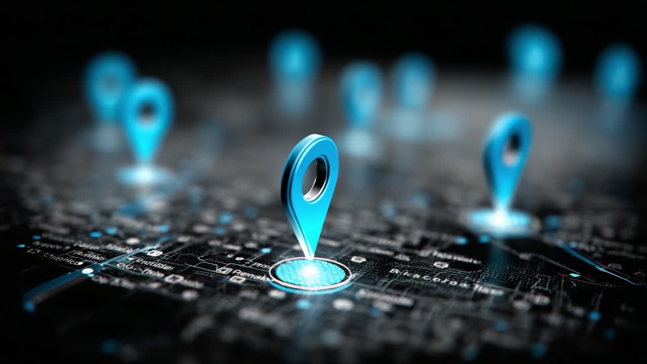 A Stunning Visualization of Dynamic Location Markers on a Tech-Inspired Map, Highlighting the Intersection of Digital Connectivity and Geographical Navigation