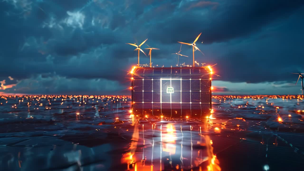 A box with a green light on it is floating in the ocean. The box is surrounded by a lot of lights, creating a futuristic and technological atmosphere