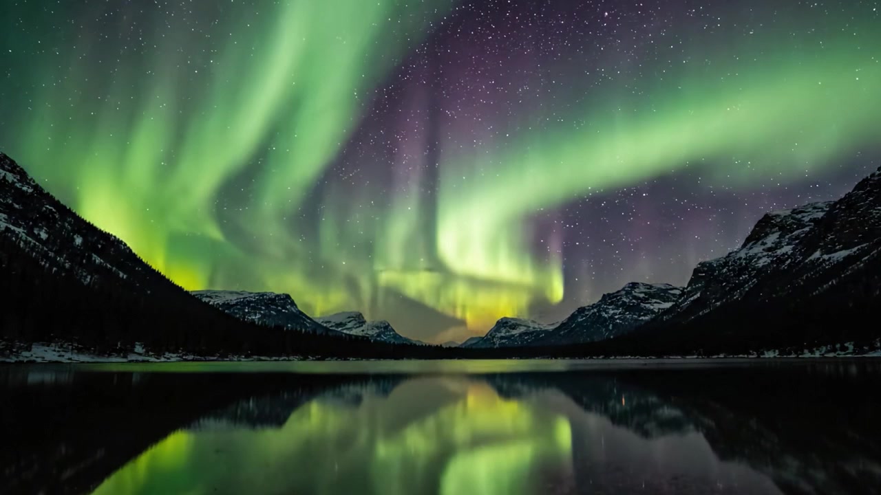 L'aurora boreale mozzafiato danza nel cielo notturno, illuminando il paesaggio con sfumature di verde e viola riflesse in un lago immobile