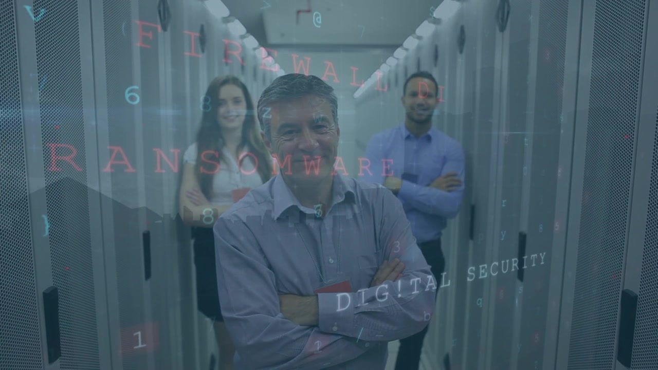 Animation security warning texts and data processing over three confident colleagues in server room