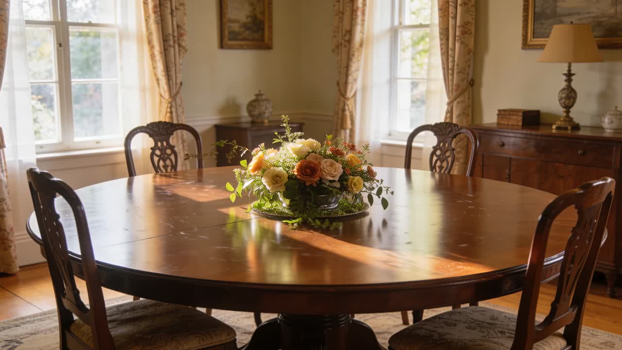Spinning floral bowl slowing on round wooden table, formal dining room, settling to rest after spin
