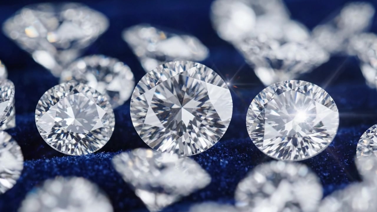 Eine exquisite Sammlung brillanter Diamanten, präsentiert auf einer luxuriösen blauen Samtoberfläche, die ihre funkelnde Klarheit und ihren außergewöhnlichen Schliff in all ihrer strahlenden Pracht zur Geltung bringt.