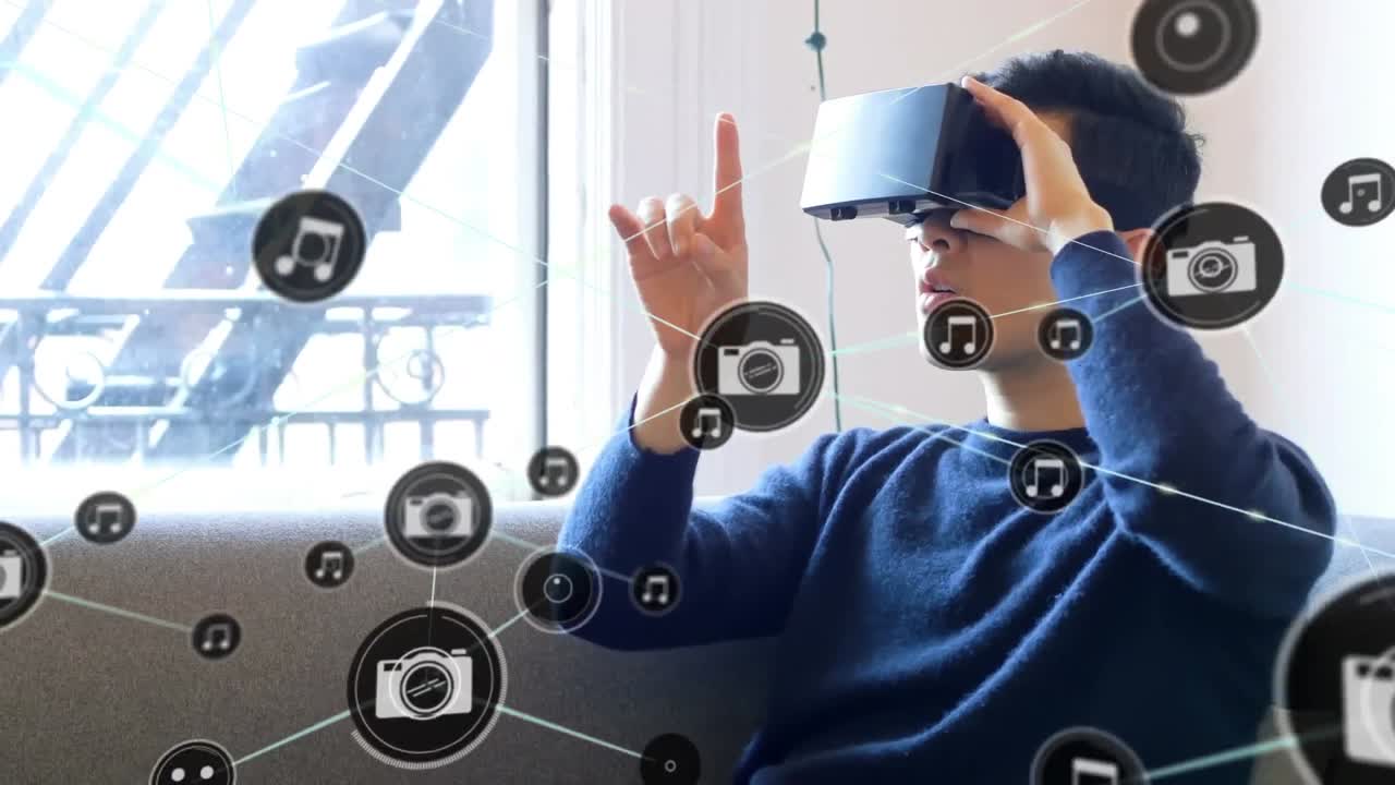 Animation of network of connections with icons over man wearing vr headset
