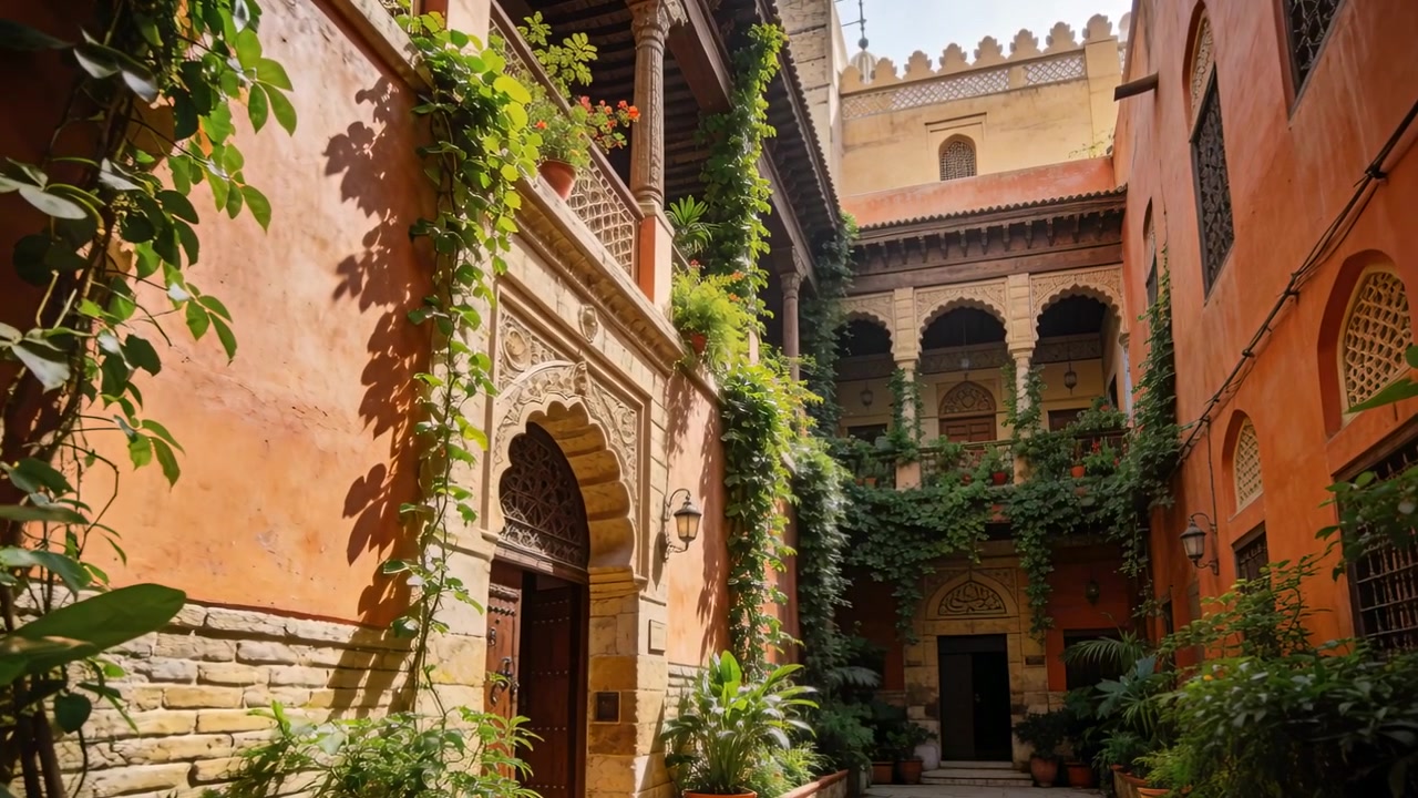 Telecamera in movimento che inquadra un arco in pietra a sinistra in un riad, rivelando un balcone, con viti che evidenziano l'arco ornato.