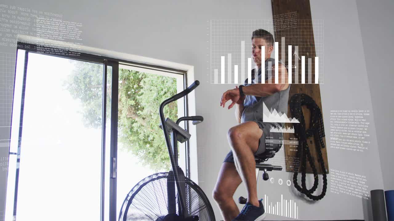 Man starting pedaling on airbike in home gym, data overlaying, standing then sitting for fitness