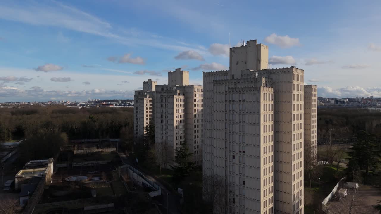 Fort d'Aubervilliers neighborhood, buildings, new concept of urban life Paris, France. Aerial drone lateral view
